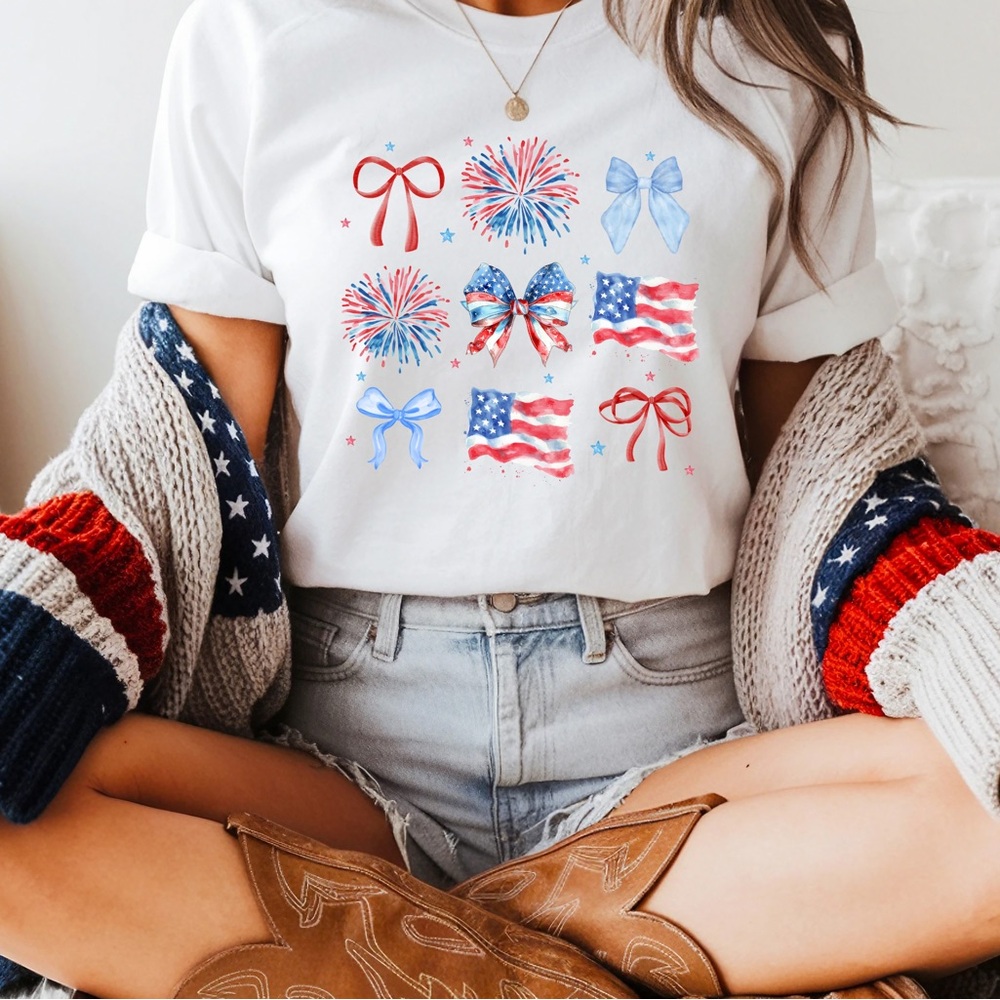 Patriotic Graphic Croquette Tee with Fireworks and Flags
